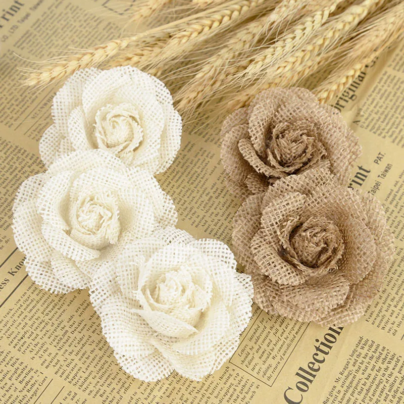 

5/3pcs Retro Jute Hessian Burlap Flowers Handmade Rose Shabby Chic DIY Craft Rustic for Wedding Christmas Party Home Decorations