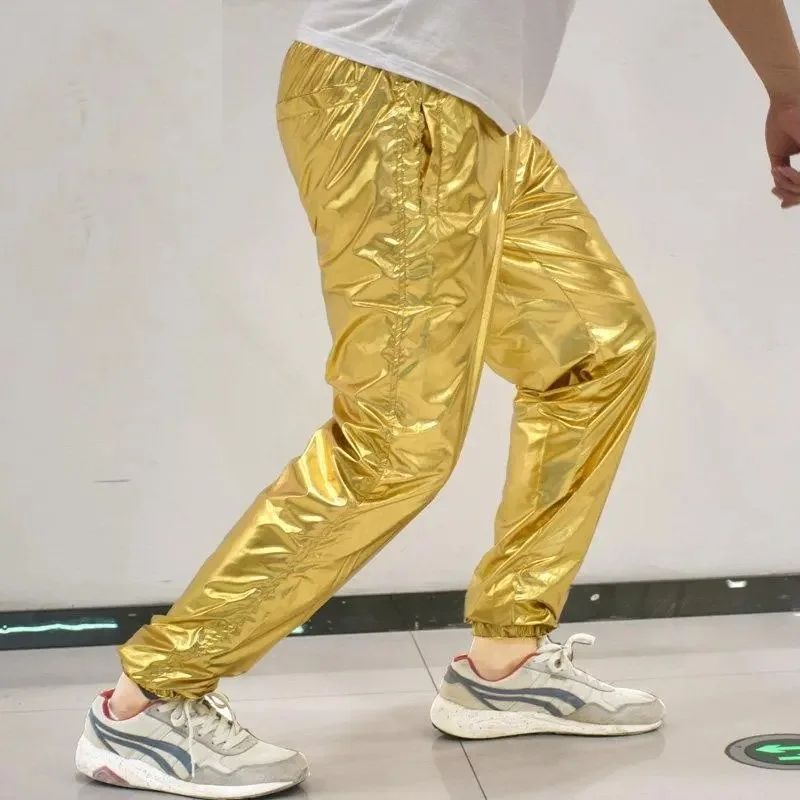 Man Boy's Big Kids Golden Silver Metallic Loosen Elastic Waist Hip Hop Heap Trousers Live Show Dance Big Size 8XL