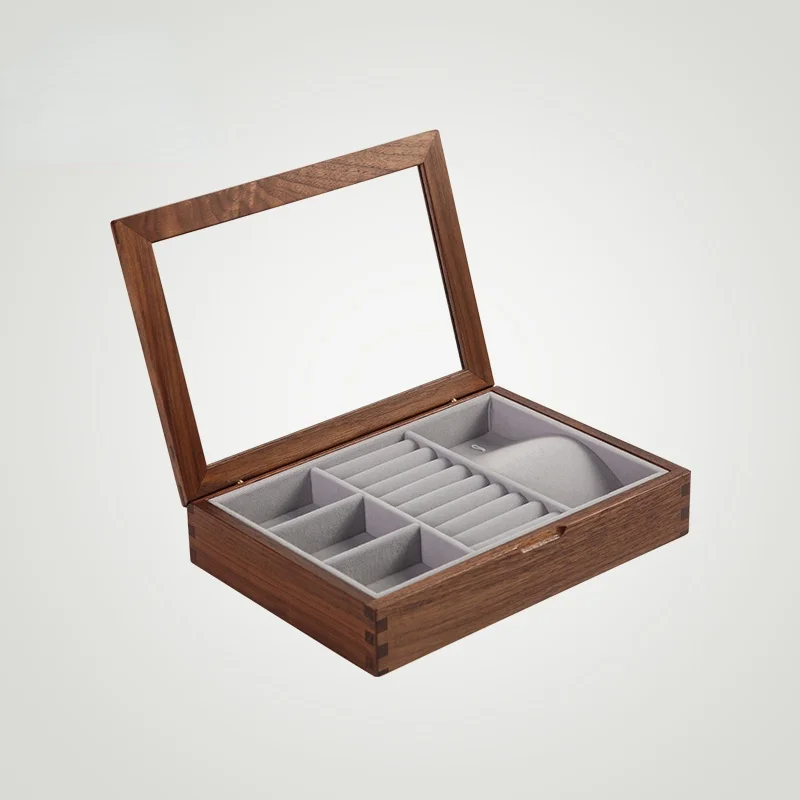 Wooden Jewelry Box Black Walnut Glass Cover Separate Earrings Necklace Storage Home Decoration Organization