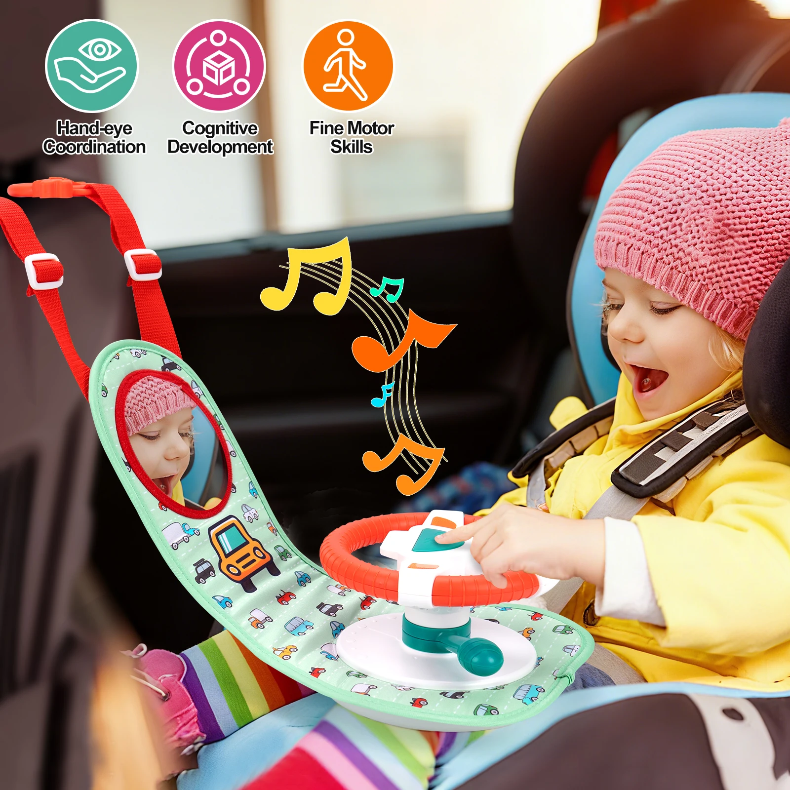 Baby Car Eletric Steering Wheel Toy with Music Baby Seat Copilot Toys Simulate Driving Car Hanging Toys for Todder 0-12M Gifts