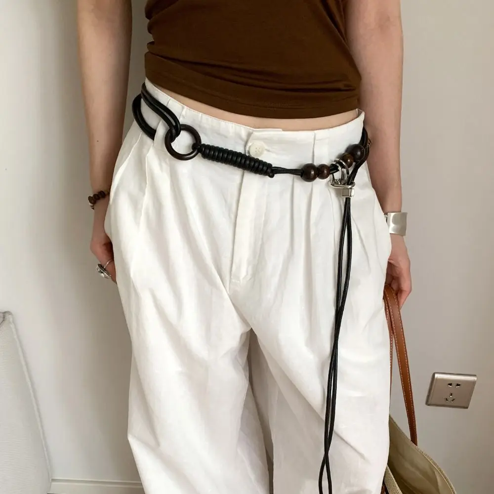 حزام خرز خشبي من جلد البولي يوريثان القديم مع عقدة فنية، حبل خصر متطابق تمامًا، سلسلة خصر مضفرة سوداء قابلة للتعديل للنساء #3