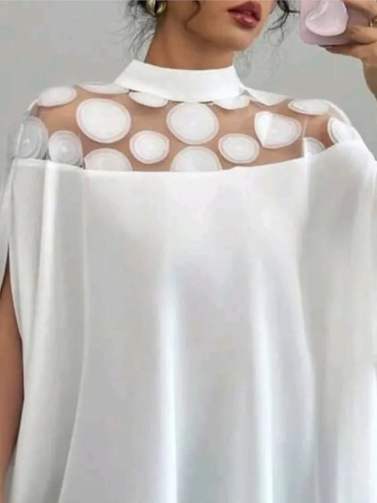 Elegant O-neck Bat Short Sleeve Top For Women Fashion Spring Autumn Solid Color Mesh Off-shoulder Chic Loose Casual Top Female