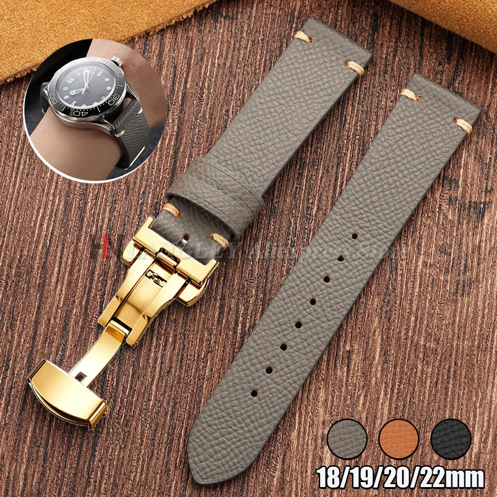 Bracelet de montre en cuir véritable fait main 18/19/20mm/22mm, en cuir de veau grainé doux, noir, gris, marron, pour Seiko, pour Omega