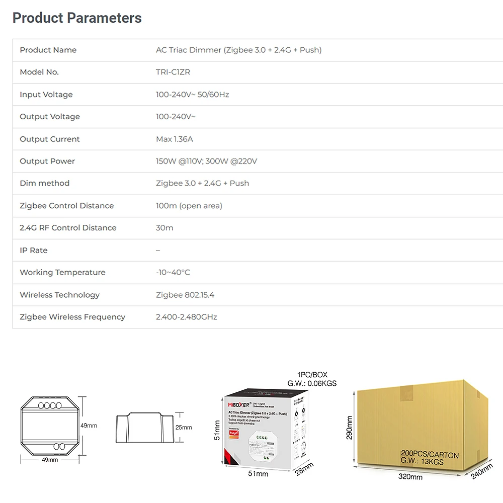 Miboxer TRI-C1ZR AC100-240V Zigbee 3.0 + 2.4GRF + Push TUYA interruttore a pressione remoto luci alogene Controller lampada LED dimmerabile Triac