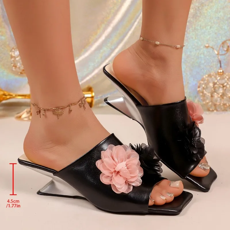 Square-toe open-toe chunky unique-heel high-heeled casual flower women's sandals fashionable