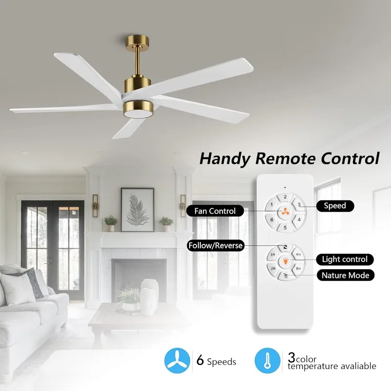 WINGBO 64 Inch DC Ceiling Fan with Lights and Remote Control, 5 Reversible Carved Wood Blades, 6-Speed Noiseless DC Motor