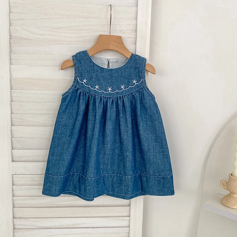 Girls Summer Denim Dress Sleeveless Vest Pleated Skirt Cute Fashion Princess Dress for Toddler Baby Girls Casual Daily Holiday