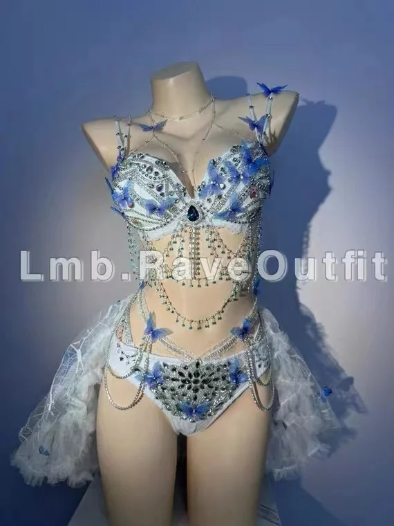 Women Blue Butterfly Tassel Bikini Dress Outfit Sexy Exquisite Nightclub Bar Singer Dance Stage Costume Party Rave Festival Wear
