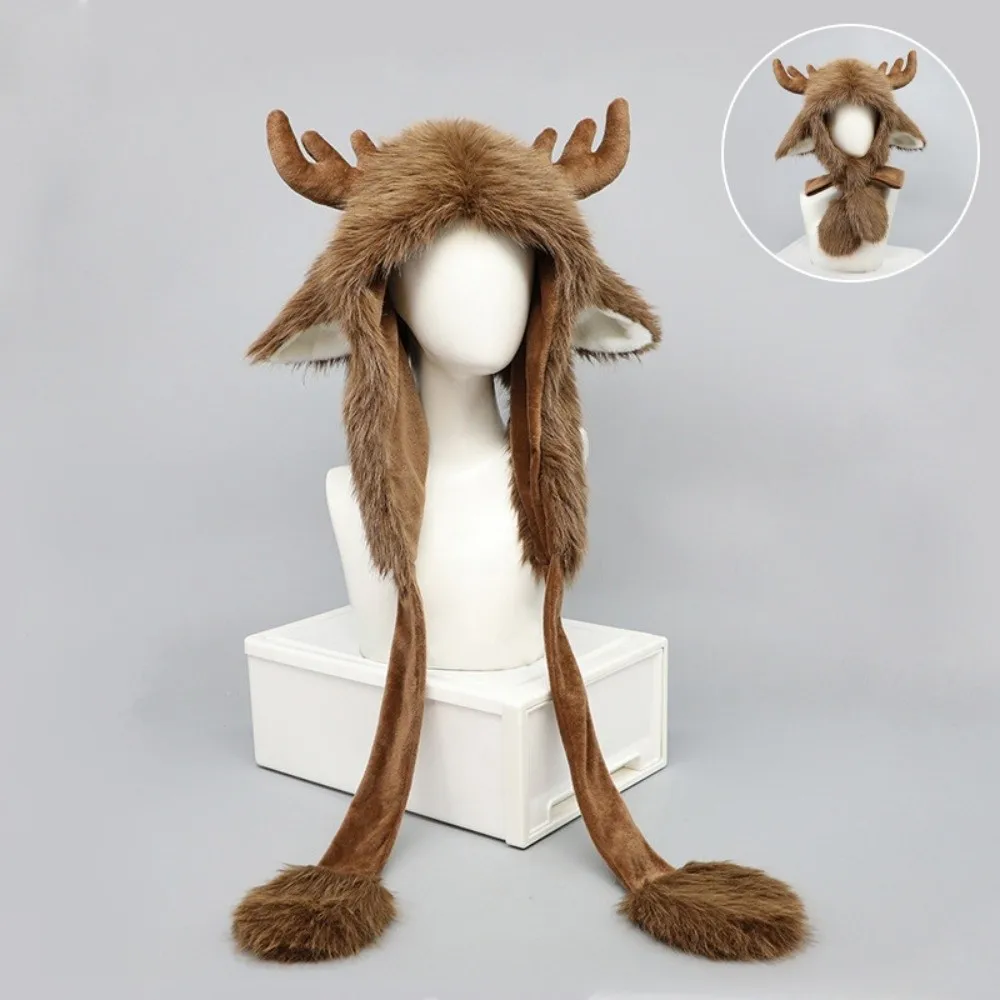 Soft Warm Reindeer Antler Hat Plush Adjustable Straps Christmas Elk Hat Lightweight Fluffy Texture Ear Protection Cap Daily