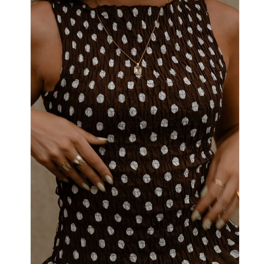 Women y2k Vintage Smocked Polka Dot Print Tank Tops Frill Shirred Ruffles Hem Sleeveless Shirts Slim Boat Neck Tops Streetwear