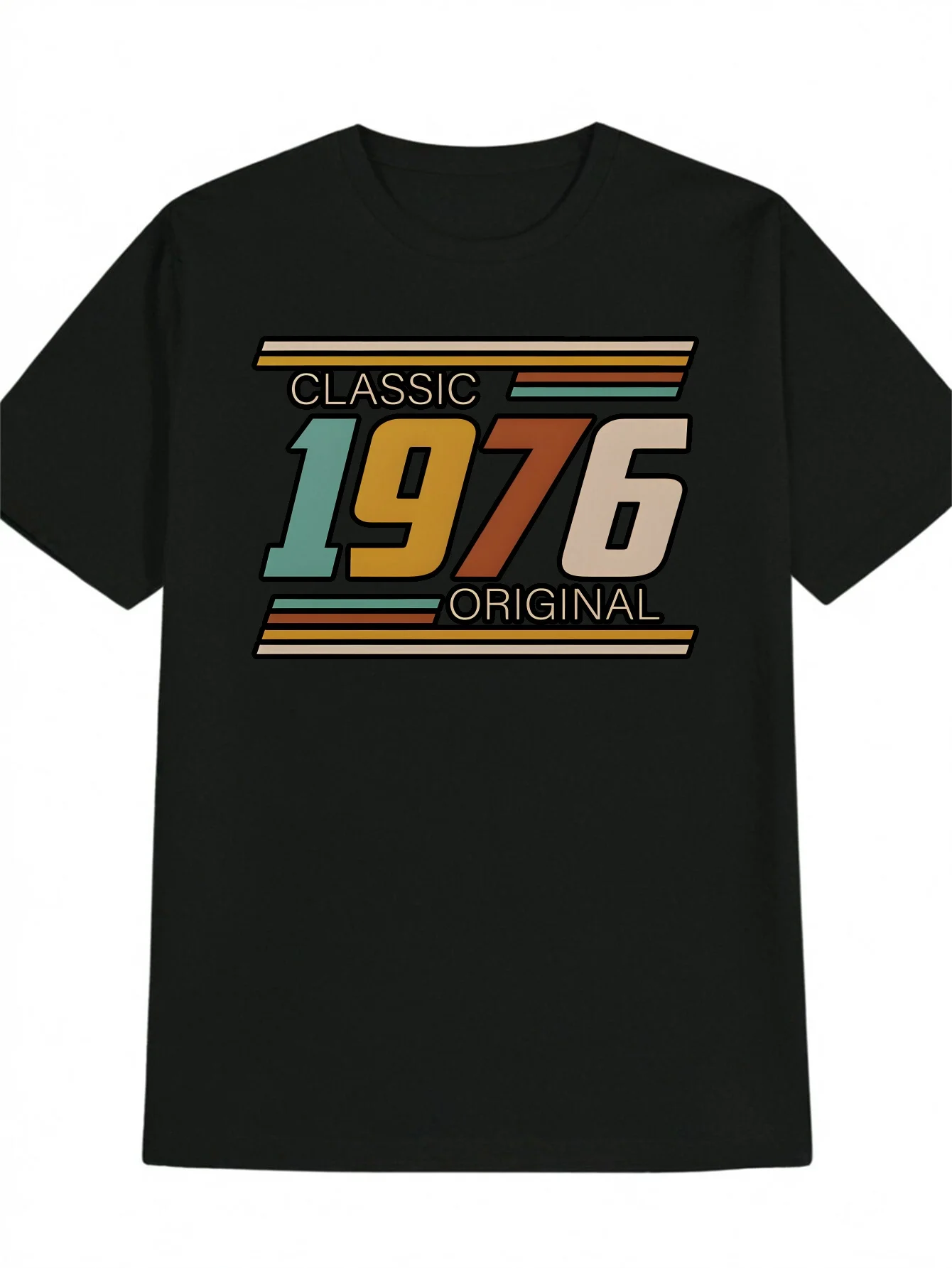 تي شيرت كلاسيكي للرجال برسومات 1976 مع خطوط ملونة وطباعة أصلية كاجوال برقبة دائرية تي شيرت صيفي مناسب بشكل منتظم