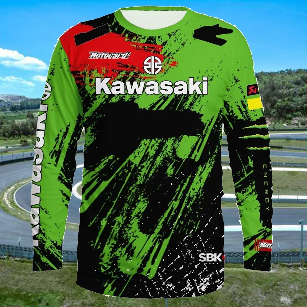 New Popular Kawasaki Motorcycle Racing Team Men's T-Shirt Long Sleeve Spring and Autumn Women's T-Shirt 2425 New Sports Top