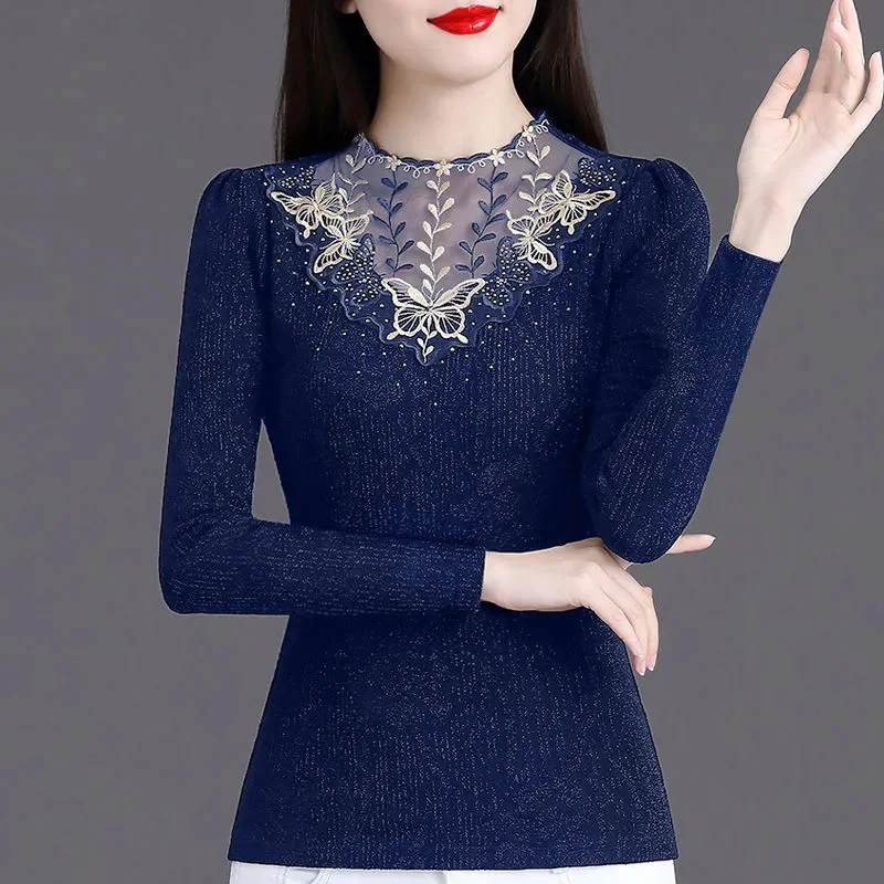 

Женская рубашка с воротником-стойкой и вышивкой, новая женская осенне-зимняя женская рубашка с длинными рукавами, облегающий топ, женские бархатные топы, футболка M-5XL