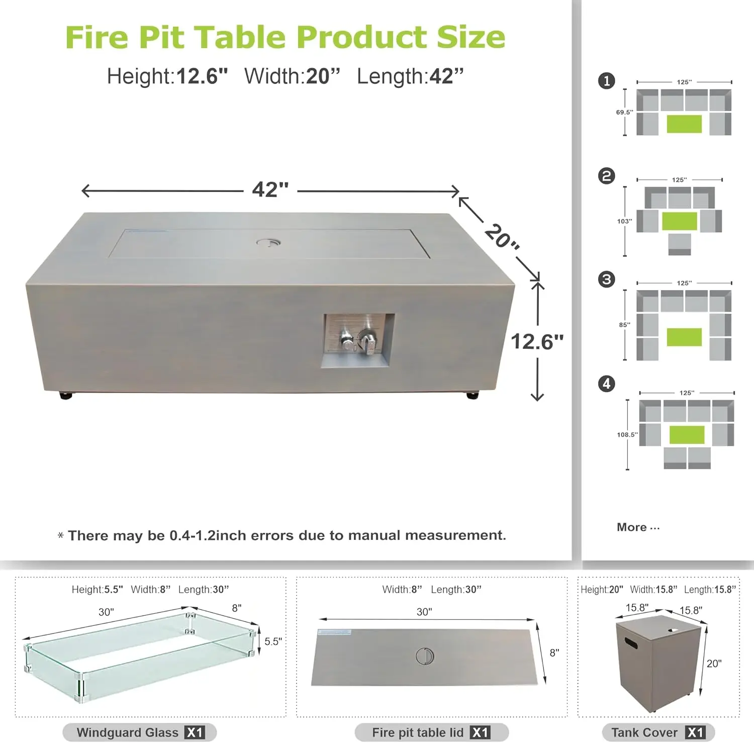 Outdoor Backyard or Patio Fire Pit, Rectangular Shape, Grey Color, 50,000 BTU with Wind Guard and Cover view 6