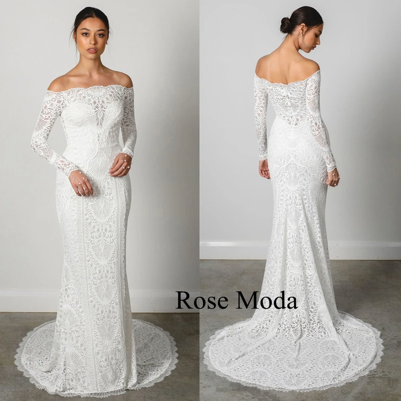 Rose Moda Off the Shoulder Long Sleeves Lace Wedding Dresses Boho Destination Bridal Gown Custom Make