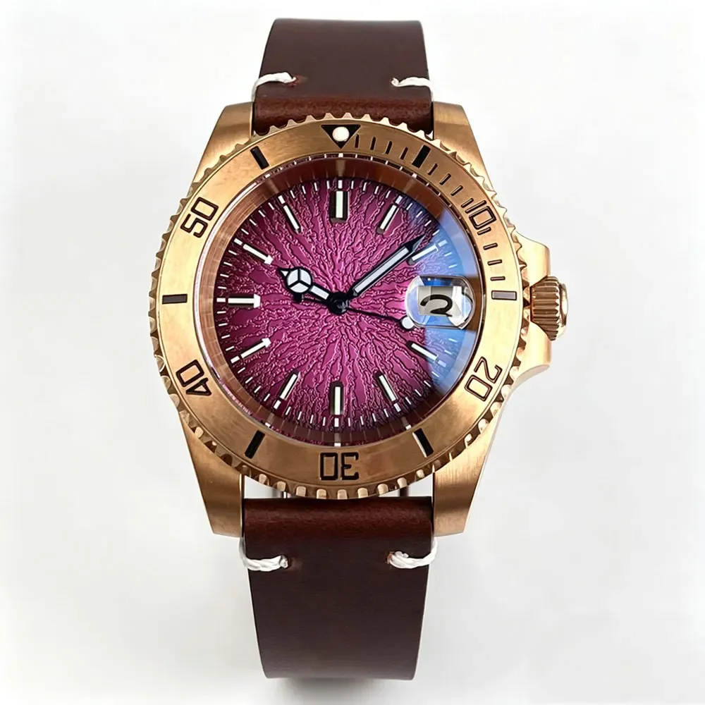 Tandorio Solid Real Cusn8 Bronze Teacup Pattern Face Japan NH35A Automatic Men Watch Sapphire 20ATM 120 Clicks Bezel Leather