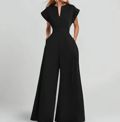 

Women's Clothing 2025 Spring New Style Casual Solid Color High Waist Slim Fit Wide Leg Jumpsuit Commuter Retro Elegant Jumpsuit