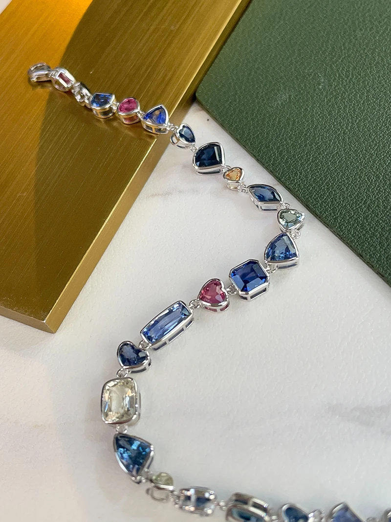 LUOWEND 100% 18K White Gold Bracelet Luxury Elegant Style Real Natural Color Sapphire Bracelet for Women High Party Jewelry