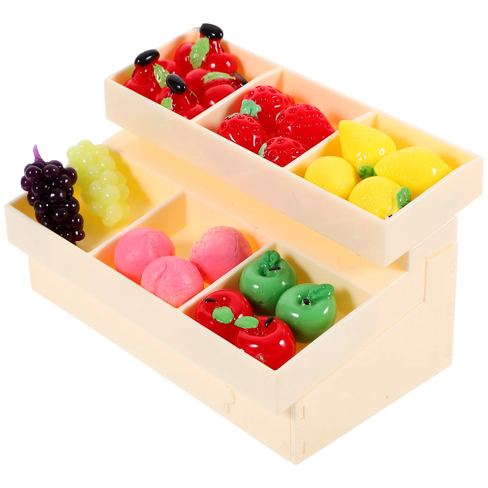 Mini estante de exhibición de frutas, juguetes de comida en miniatura en estantes, decoración, estante pequeño para verduras, modelos de muebles de plástico Beige