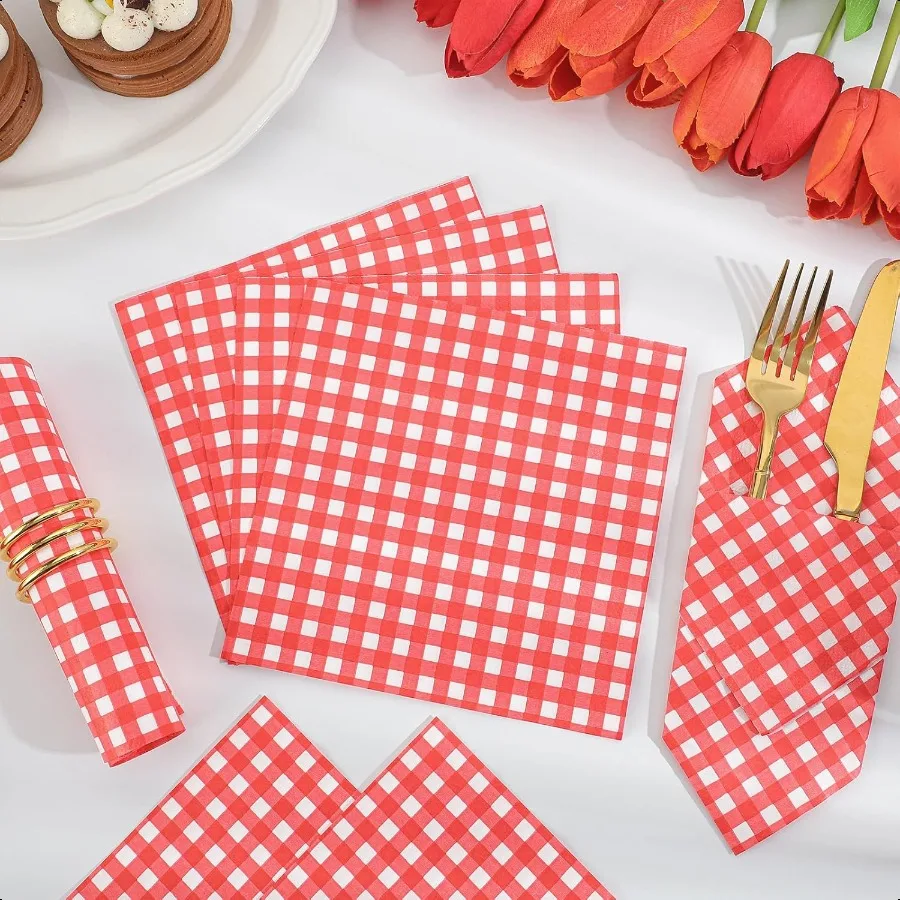 80枚入り レッドギンガムナプキン 6.5×6.5インチ 赤と白のチェック柄ナプキン 格子柄ピクニックナプキン ギンガムパーティーナプキン バーベキューバー用