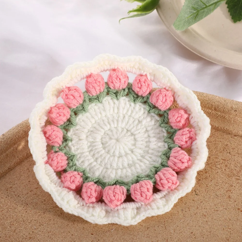 2Pcs Handmade Crochet Floral Coasters Tulip Flower Round Hand-knitted Placemat Colorful Ins Style Woven Cup Pads Living Room