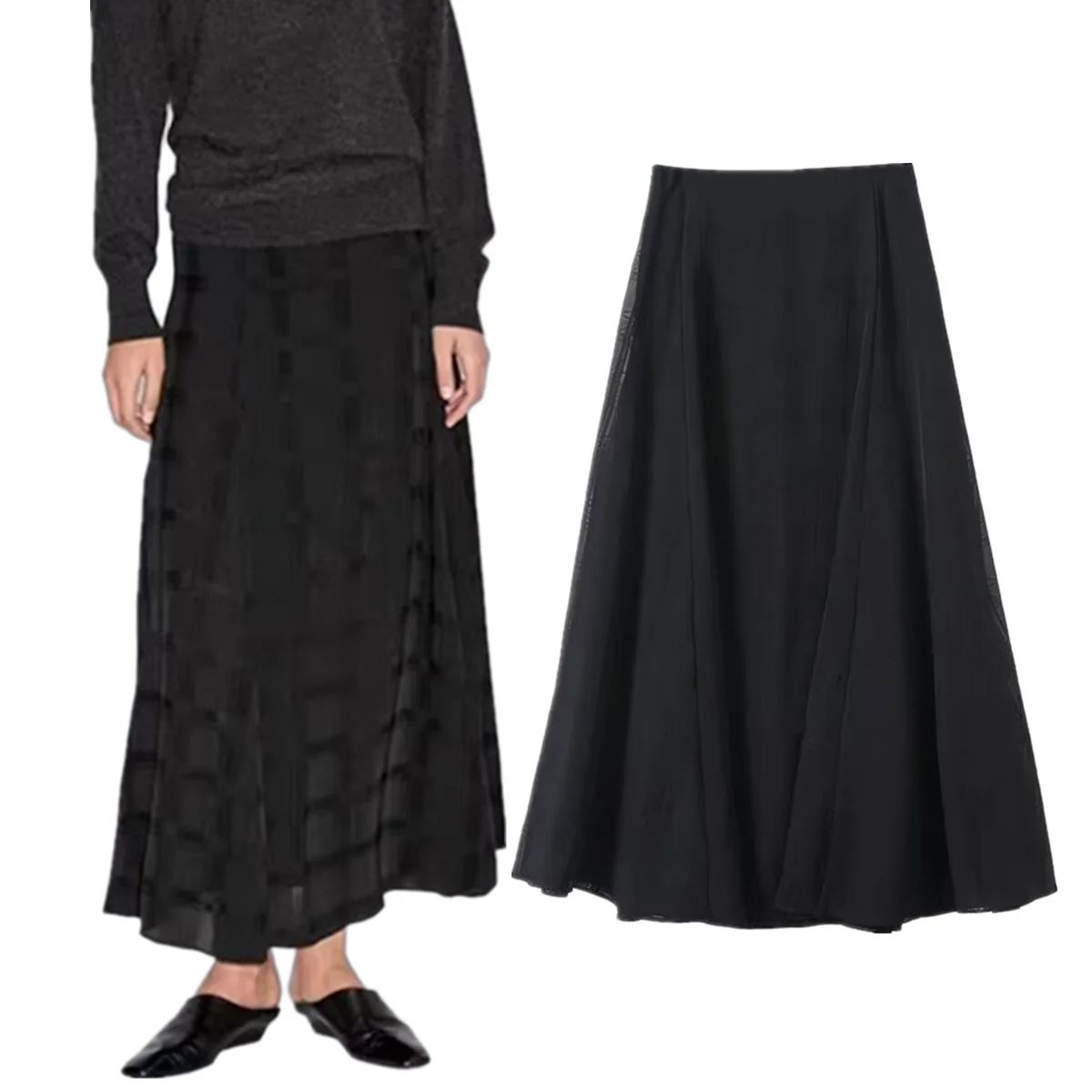 

Dave&Di French Style Texture Flute Skirt Minimalist Black Elegant High Waist Midi Skirt Women Skirt Woman Clothing Faldas Skirts
