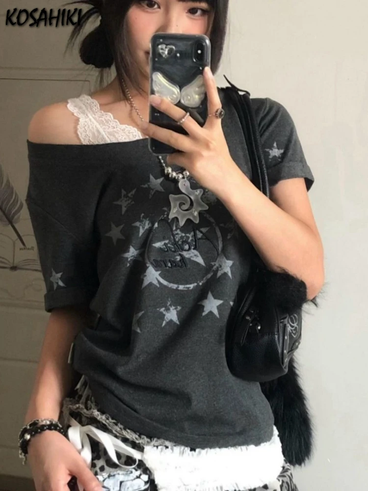 

Y2k Aesthetic Star Letter Printing Women T-shirt Vintage Streetwear Grunge Tshirts Harajuku Summer Gothic Cropped Tees Femme