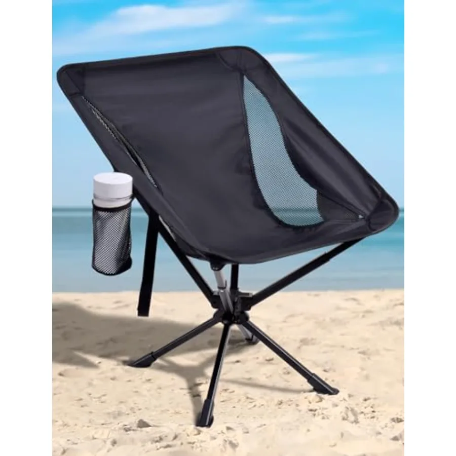 

Camping chair for adults: swivel, portable, fast-setup, lightweight folding design in black with cup holder, side pocket, carry