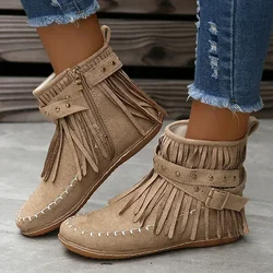 Retro Suede Tassel Western Cowboy Boots Women 2026 Spring Vintage Rivet Flats Ankle Boots Woman Metal Buckle Designer Shoes 43
