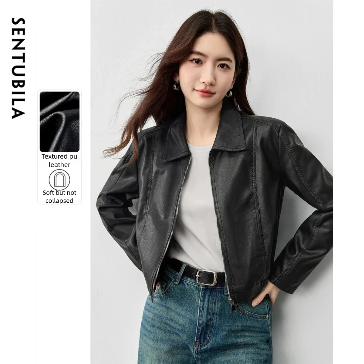 

SENTUBILA PU Leather Jacket for Women 2025 Autumn Commuter Leather Lapel Straight Long Sleeve Short Jacket Coat W53GA2745