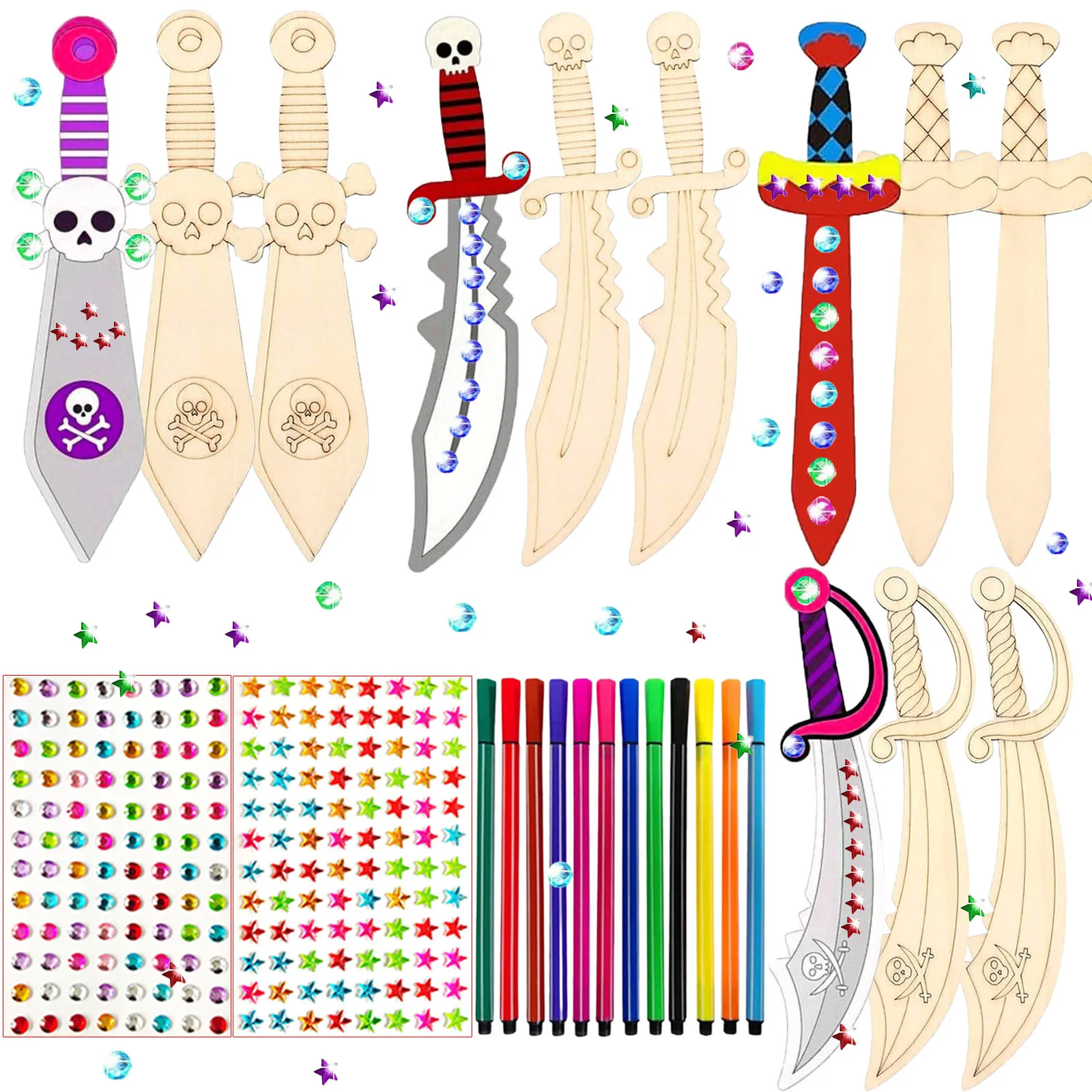 216PCS unfinished DIY wooden pirate knife set, wooden handmade painting crafts, suitable for various parties, party gifts
