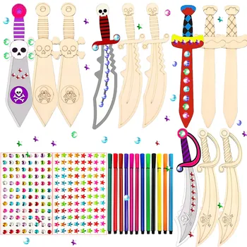216PCS unfinished DIY wooden pirate knife set, wooden handmade painting crafts, suitable…