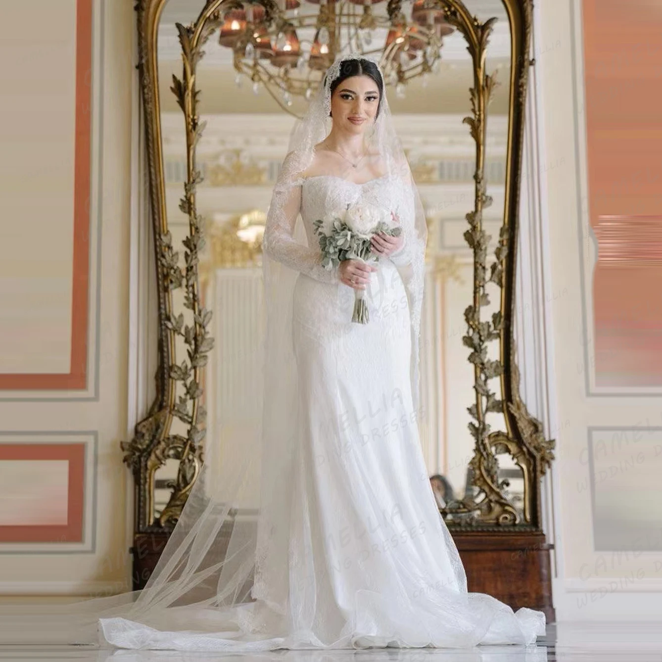 Luksusowe suknie ślubne z aplikacjami damska syrenka seksowna koronkowa tiulowa suknia ślubna z długim rękawem elegancka Sweetheart formalna Vestido Gala