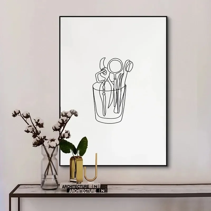 Canvas Painting Wall Art  Picture Minimalist Black Tooth Line Posters Prints Dentist Teeth Simple Sketch for Living Room Decor - view 4