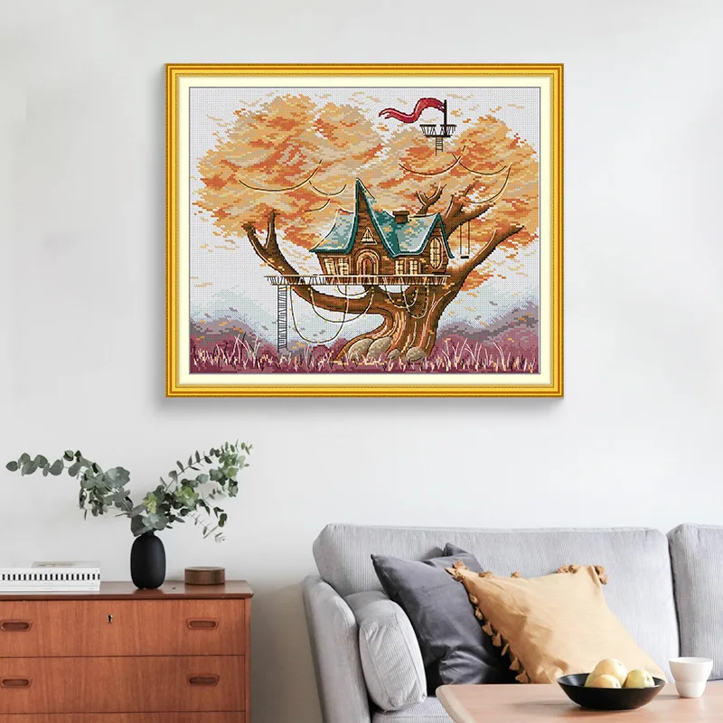 

Joy Sunday Pre-printed Cross Stitch Kit Easy Pattern Aida Stamped Fabric Embroidery Set-Tree House