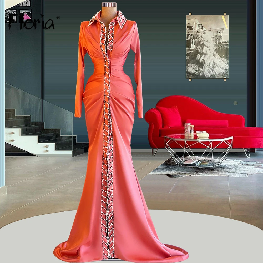 Vestido de noche de manga larga de cuello alto naranja musulmán, tela suave con cristales de cuentas, vestido de ocasión Formal hecho a medida, talla grande