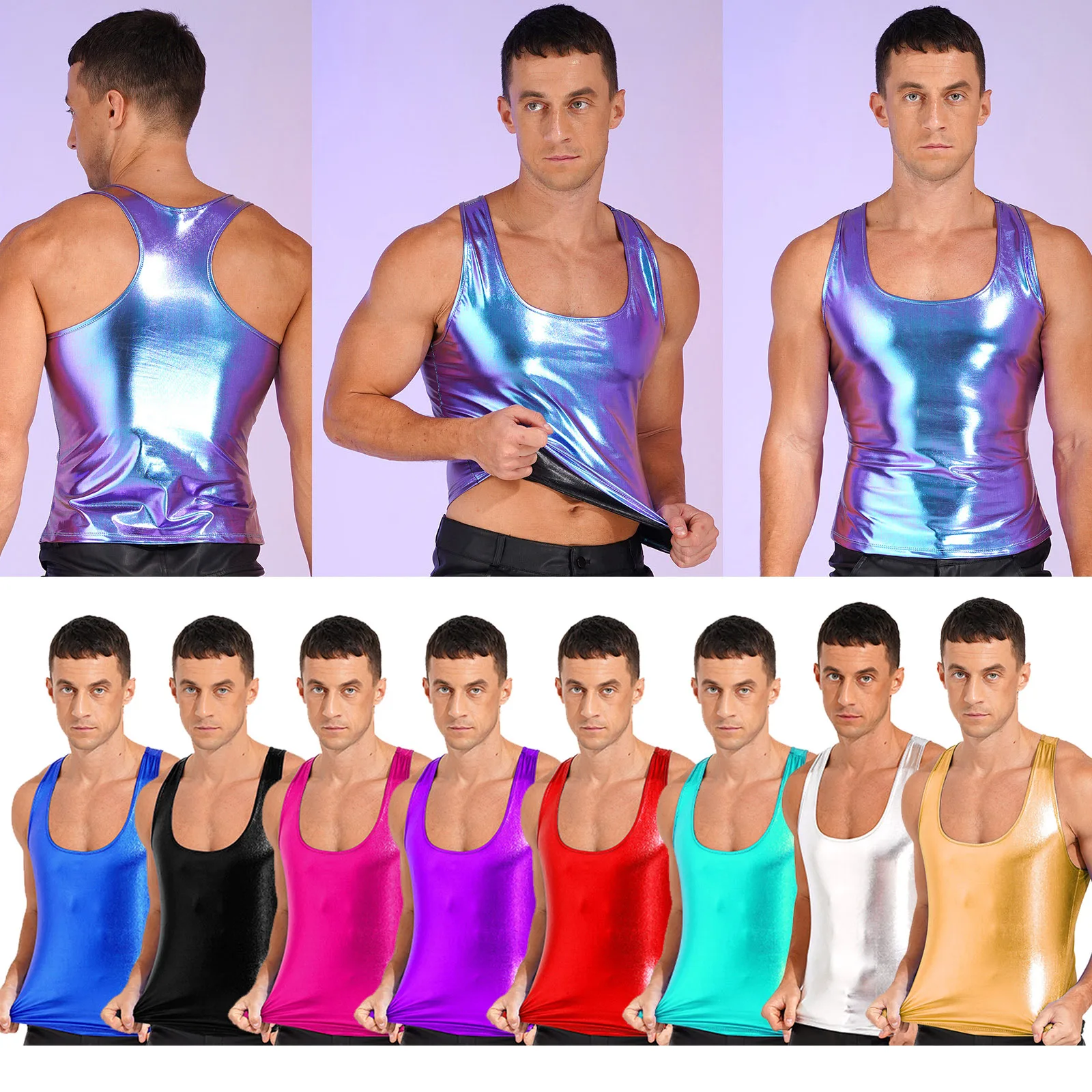 Shiny Metallic Tank Tops Men Sport Fitness Bodybuilding Tanks Fashion Mens Gym Vest Tops Sleeveless T-Shirt Singlet Undershirts