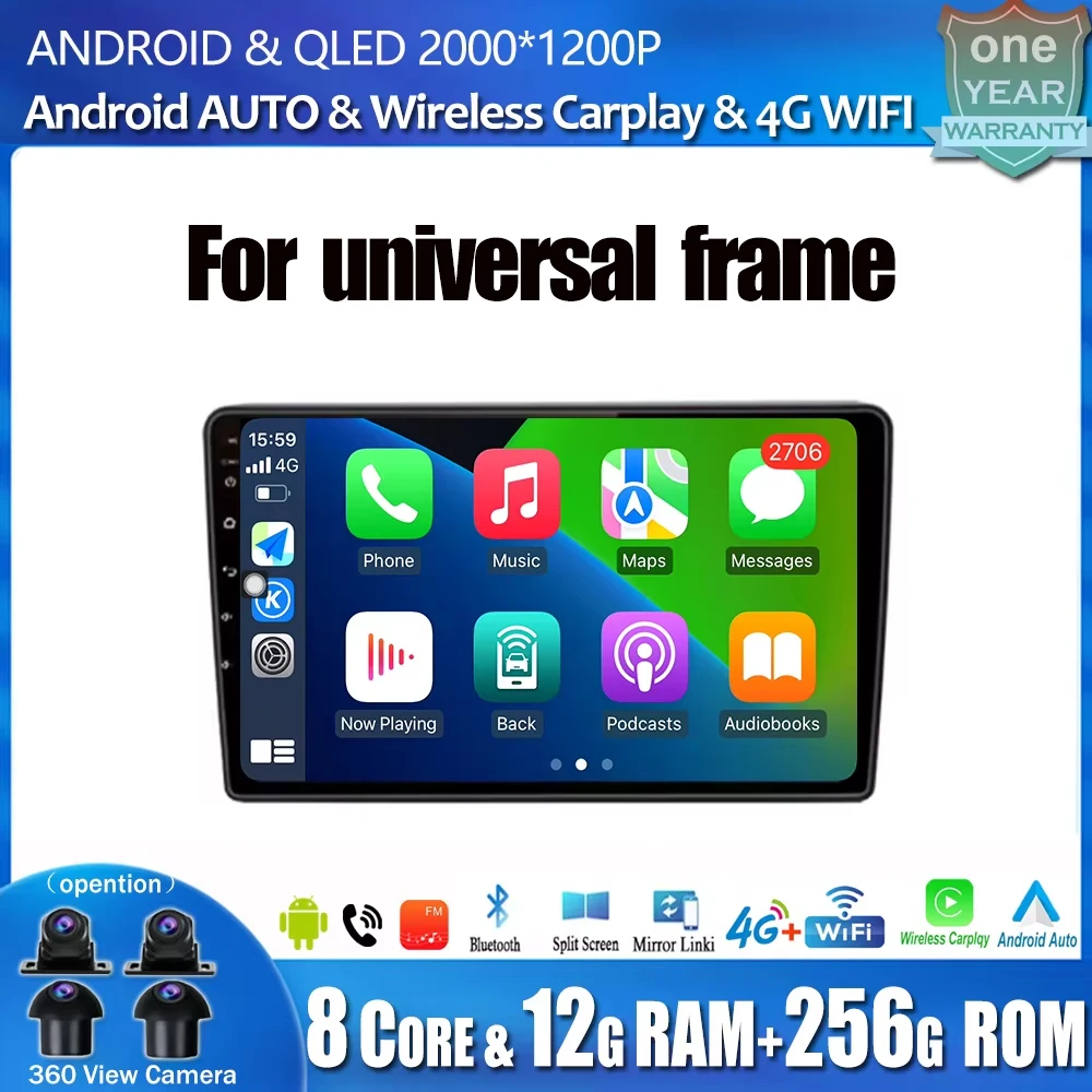 

2K Screen 9” For universal frame Car Radio Multimedia Player Autoradio Stereo Android 14 Carplay Auto NO 2din Head Unit