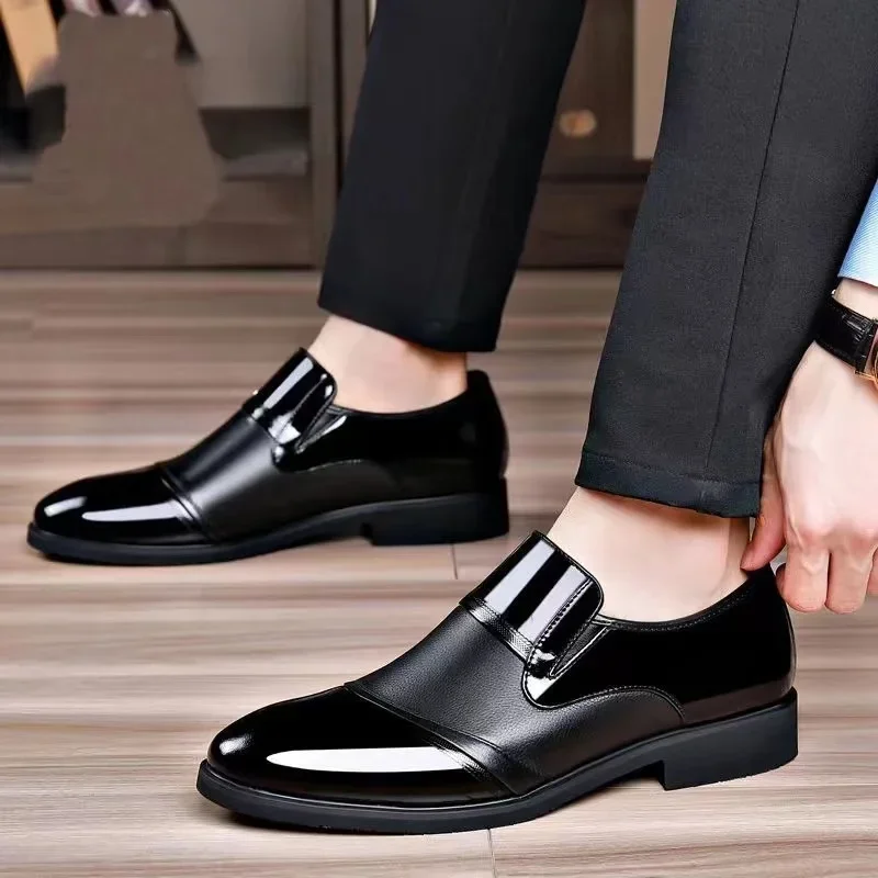 Black Patent PU Leather Shoes Slip on Formal Men Shoes Plus Size Point Toe Wedding Shoes for Male Elegant Business Casual Shoes