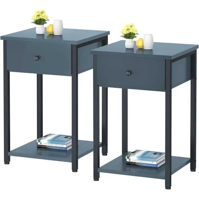 Ecoprsio Nightstand Set of 2 Modern End Table Side Table with Drawer and Storage Shelf Wood Night Stand Dark Blue Bedside Table