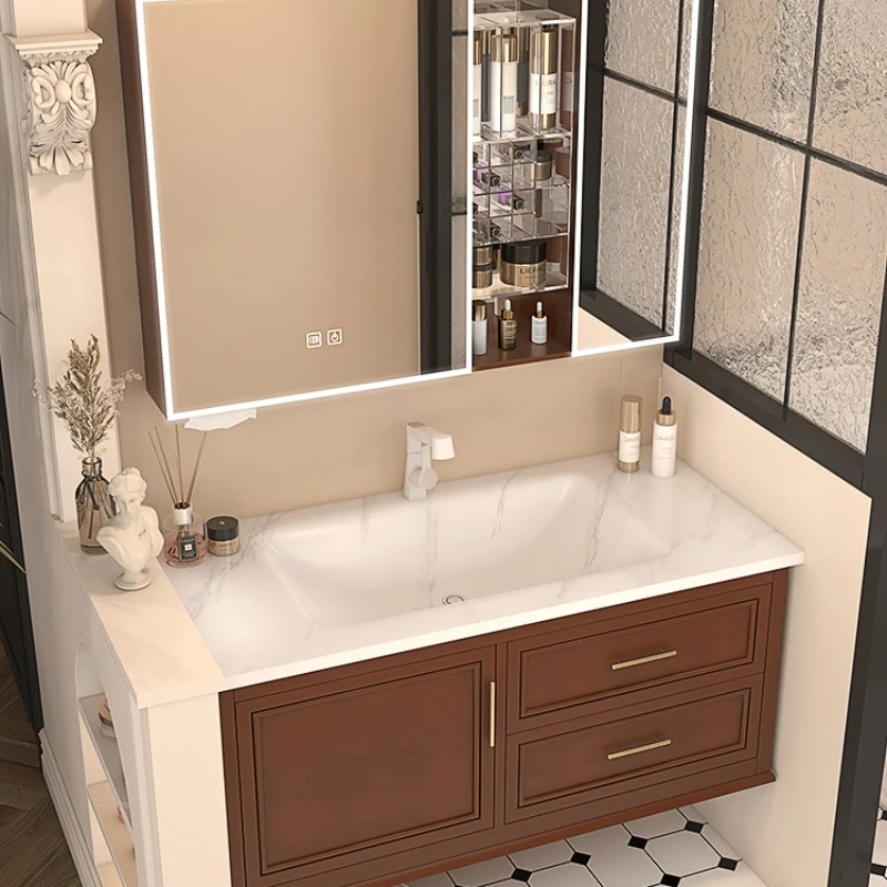 

Bathroom cabinet combination rock slab hot bending integrated basin washstand socket mirror cabinet toilet sink