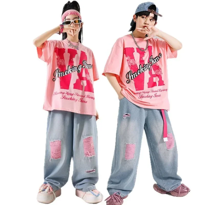 

T-shirt Pink Loose Jeans Hip Hop Clothes Girls Streetwear Street Dance for Kids Jazz Ripped Denim Pants Outfits Teen Costume
