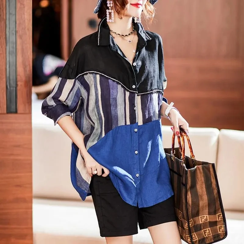 New Contrast Single-Breasted Shirt Female 2024 New Loose Fat Sister Spring Coat Female Autumn Long-Sleeved Ladies Shirts Coat