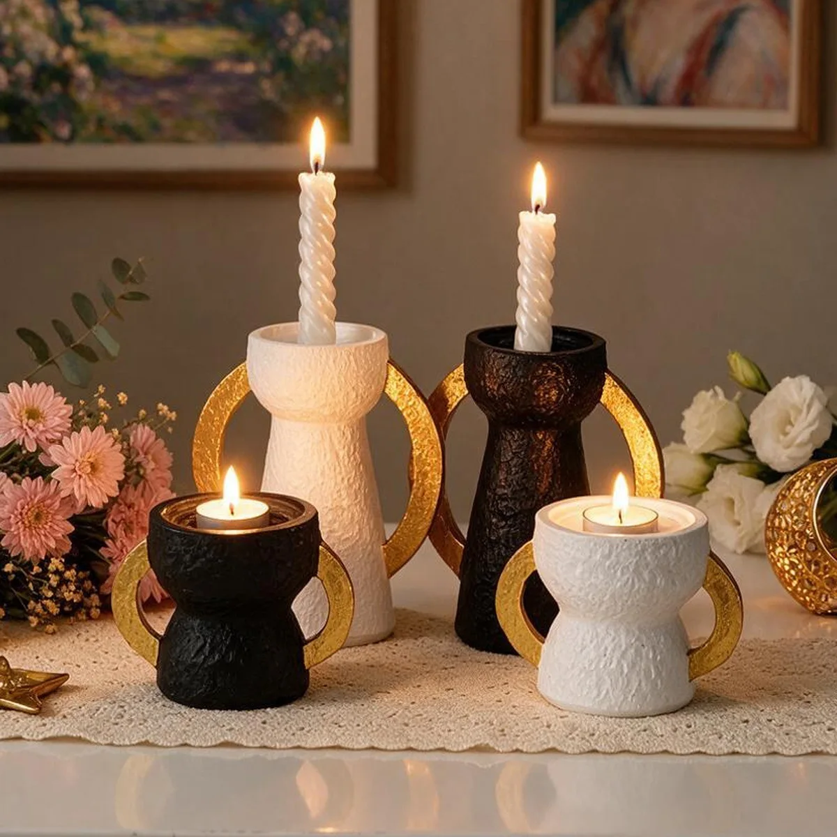Resin Taper Candle Holder with Double Golden Ears, Textured Candlestick Table Home Decor