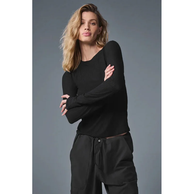 

New Women Cotton Long Sleeve Yoga Top Ribbed Quick Dry Casual Workout Shirt Soft Breathable Stretch Base Layer for Daily Pilates