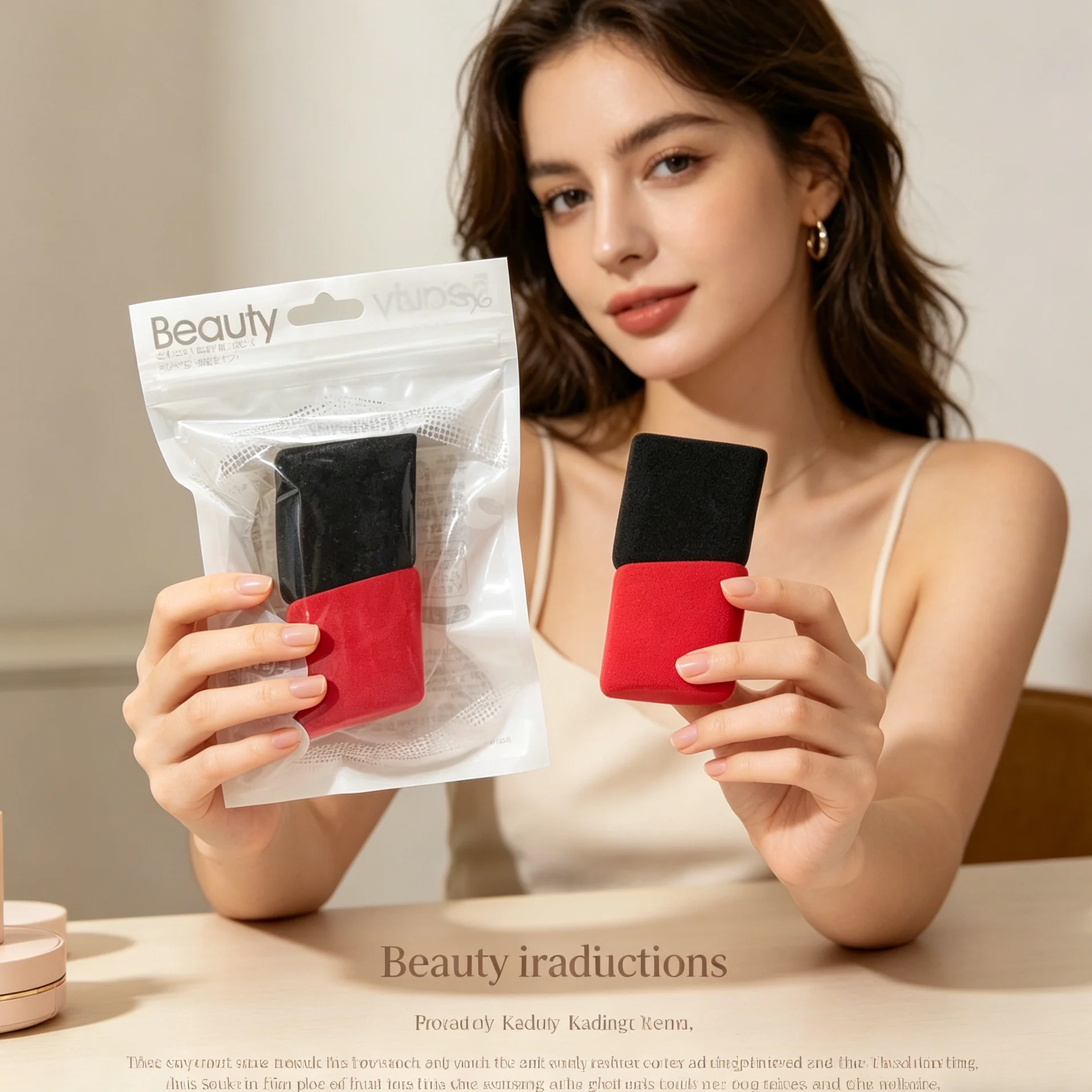 2 pieces of black and red mixed diamond-shaped powder puffs, soft and skin-friendly, expand when exposed to water.