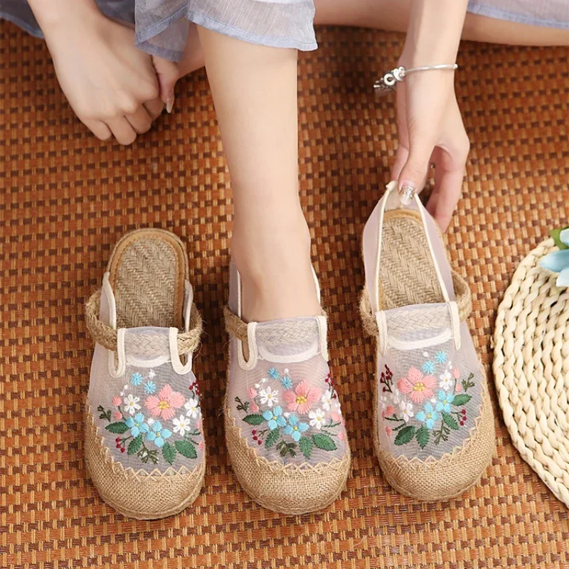 Ladies Linen Cotton Embroidered Loafers Comfortable Espadrilles Flat  Casual Mesh Colorblock Shoes