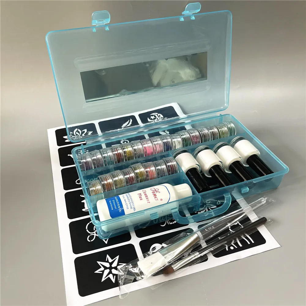 Temporary Diamond Glitter Tattoo Kit 24 Colors Powder 4 Glue Stencil Hollow Template For Fake Tattoo Beauty Body Painting Art