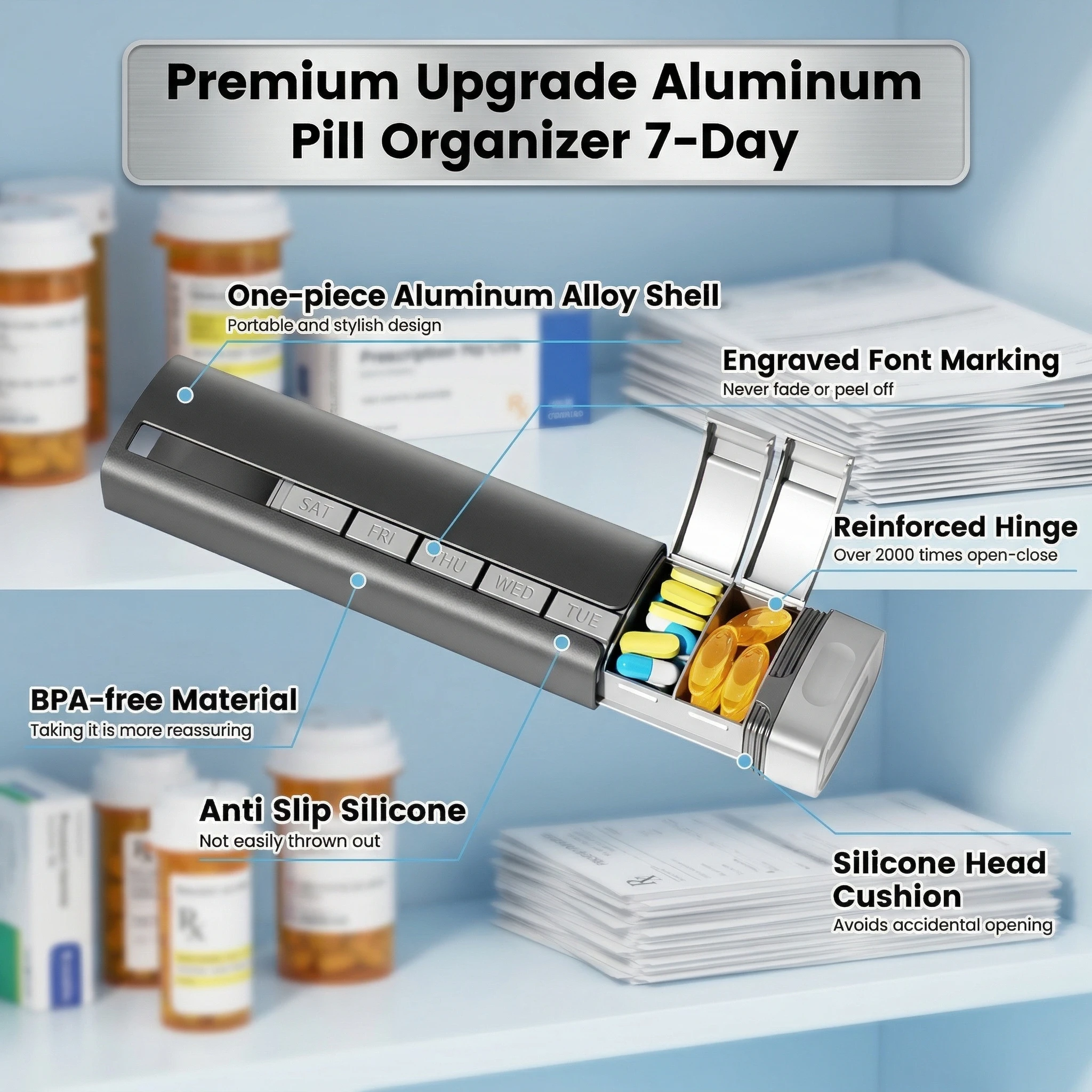 

7-Day Premium Metal Pill Organizer Upgrade Aluminum 1x Daily Pill Case Stylish Sleek Portable Holder Durable Waterproof for Home