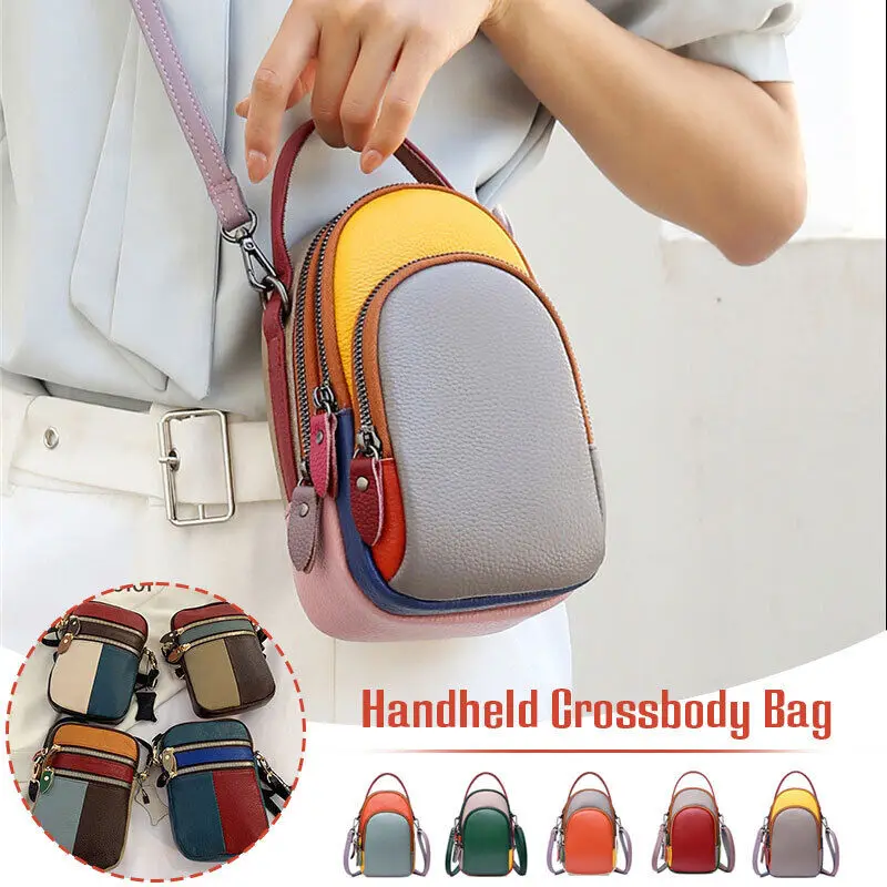 المرأة الصغيرة جلد طبيعي حقيبة الهاتف الحقيبة التباين اللون الكتف حقيبة كروسبودي الإناث محفظة جلد البقر حقيبة يد عبر الجسم #4